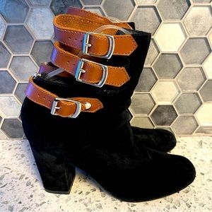 Anthropologie Pied Juste Black Suede Strap Ankle Heeled Boots